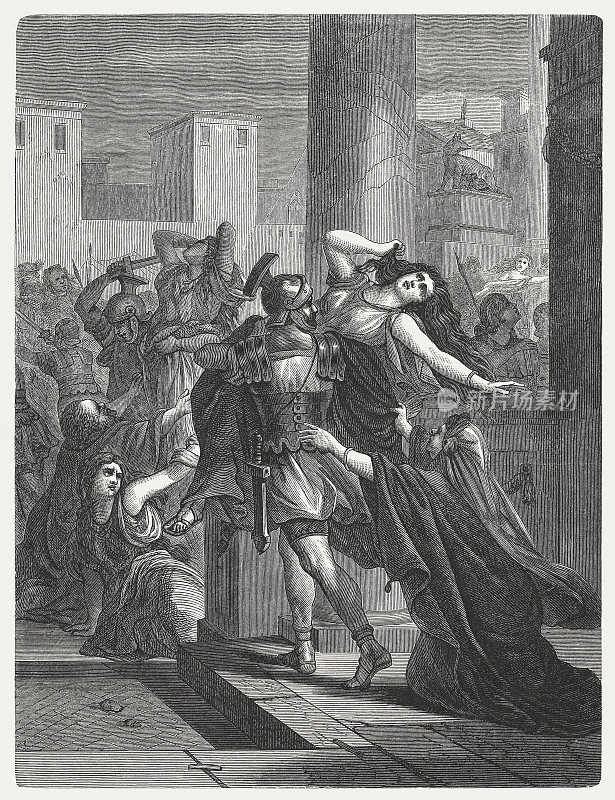 《抢夺萨平妇女》(The Rape of the Sabine Women)，木刻，1880年出版